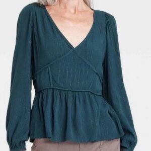 new Knox Rose teal peplum blouse w/ silver shimmer thread